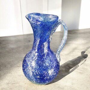 Hand Blown Glass Pitcher Carafe Brutalist Style With Bubbles Blue Yellow Glass